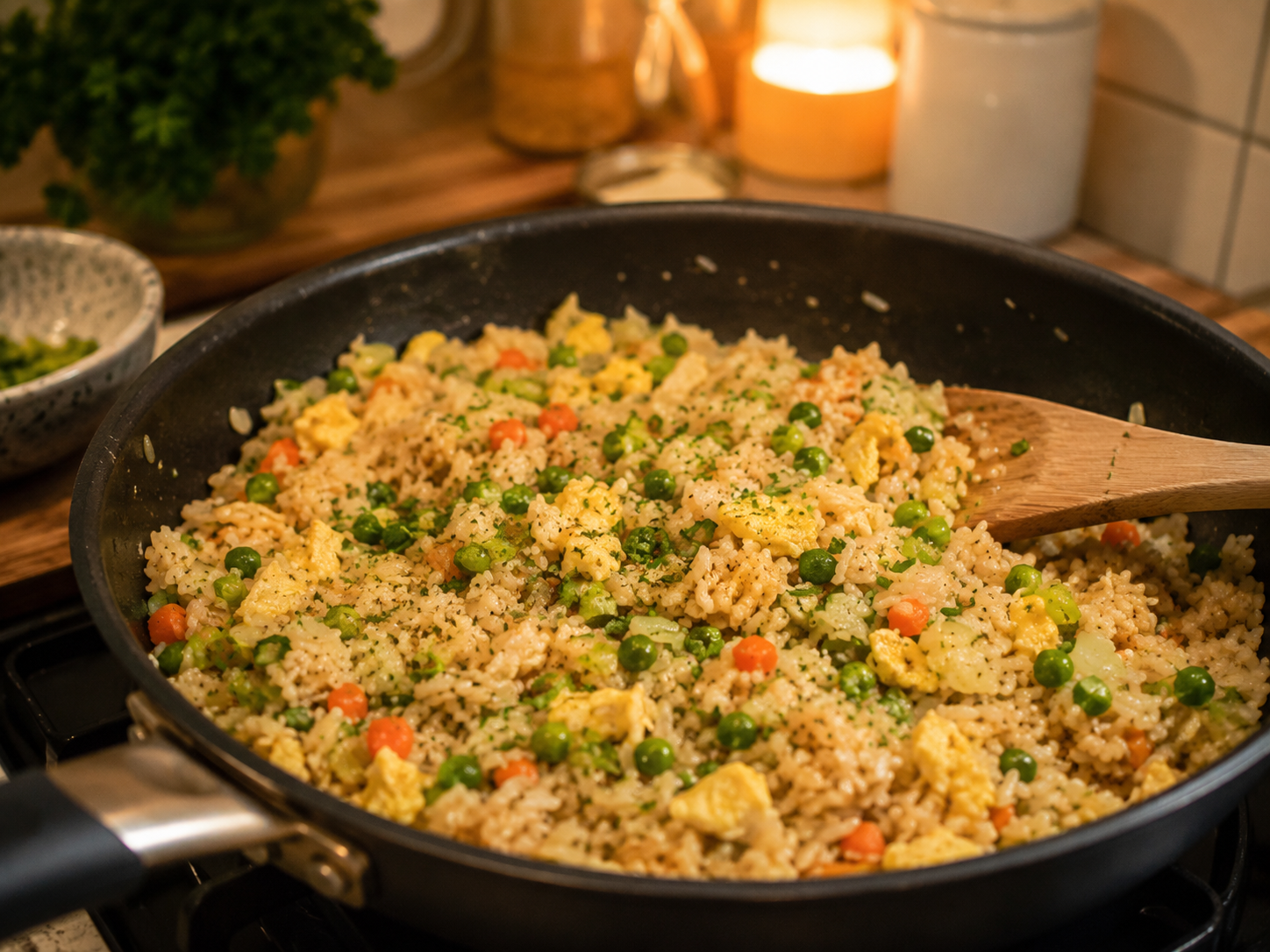Quick one-pan dinner with rice vegetables and egg