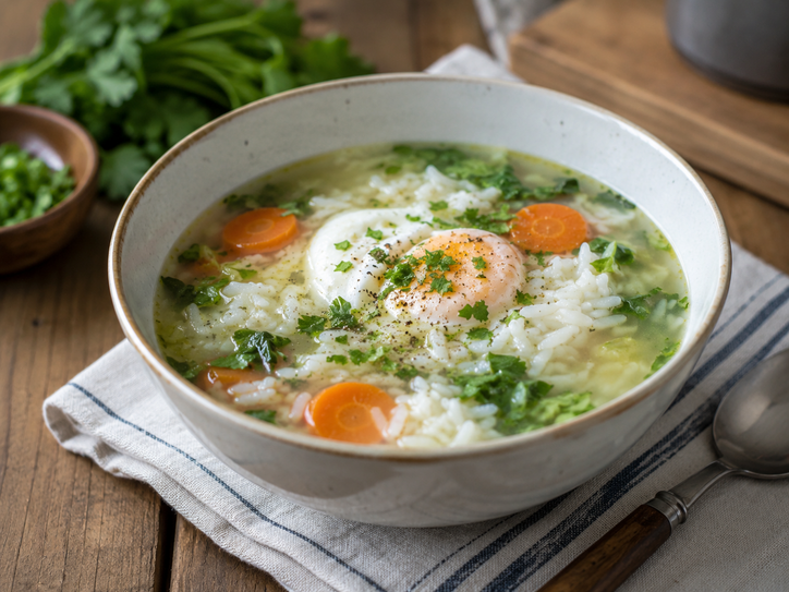 Simple rice and egg soup with vegetables