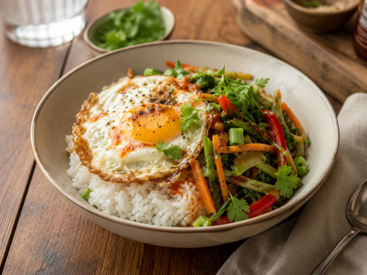 Cheap rice and egg meal with vegetables